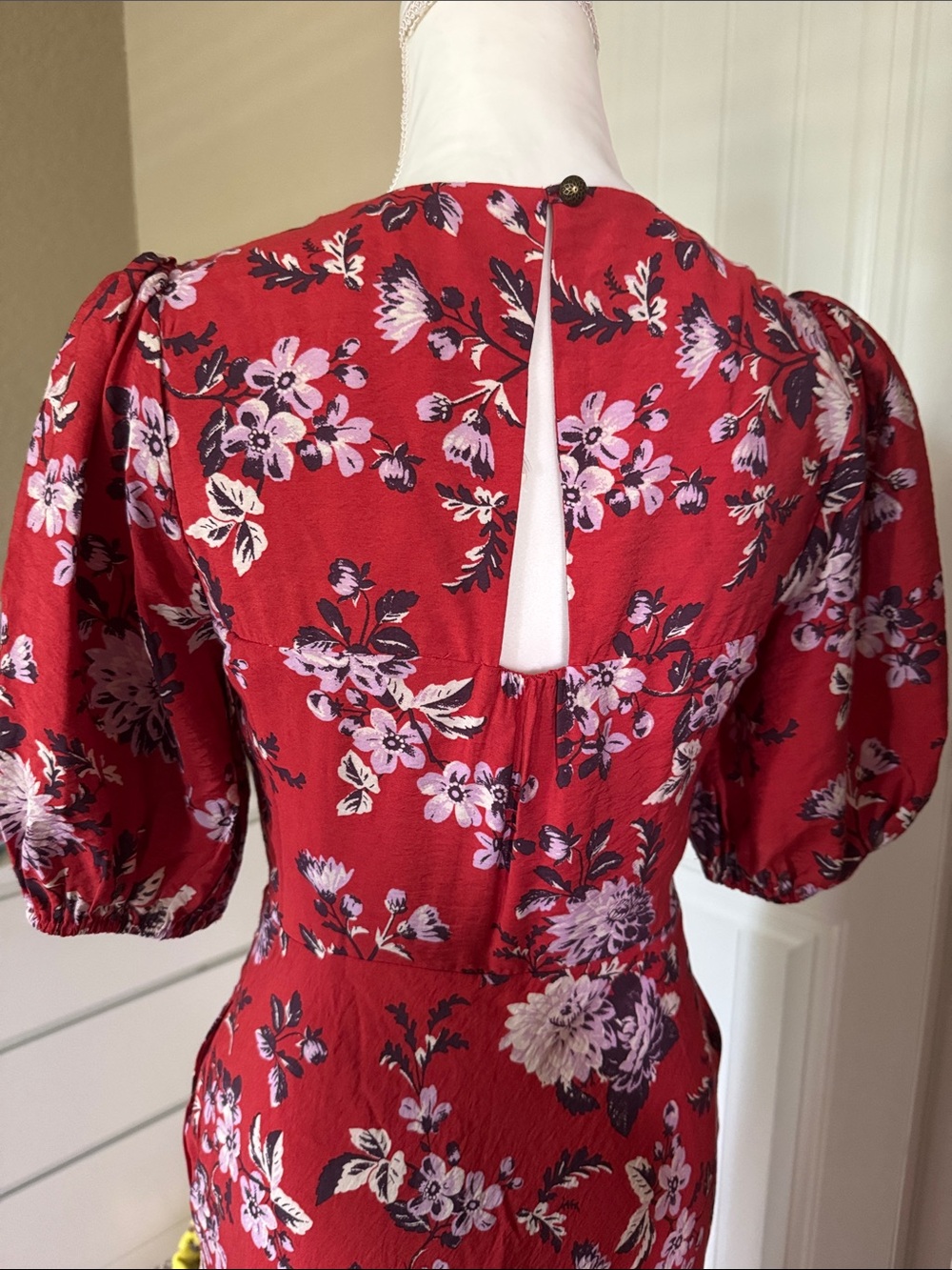 NWT Anthropologie Red Floral Puff-Sleeve Dress SZ SM pit2pit17”waist 16” L 56” - Picture 6 of 15